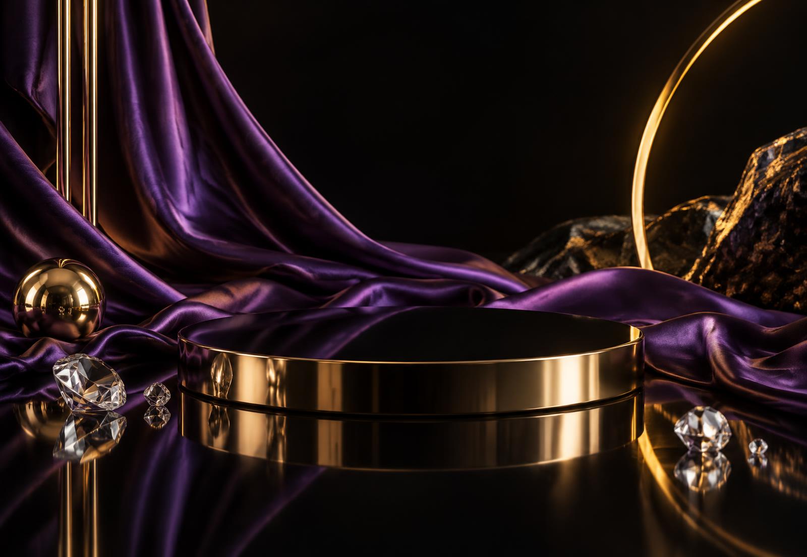 Glossy black stage with royal purple silk and gold accents